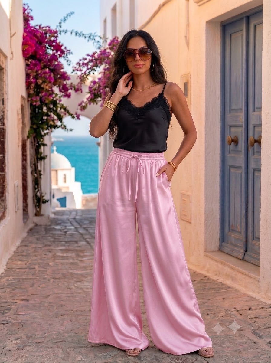 Pantaloni satinati Lore roz deschis