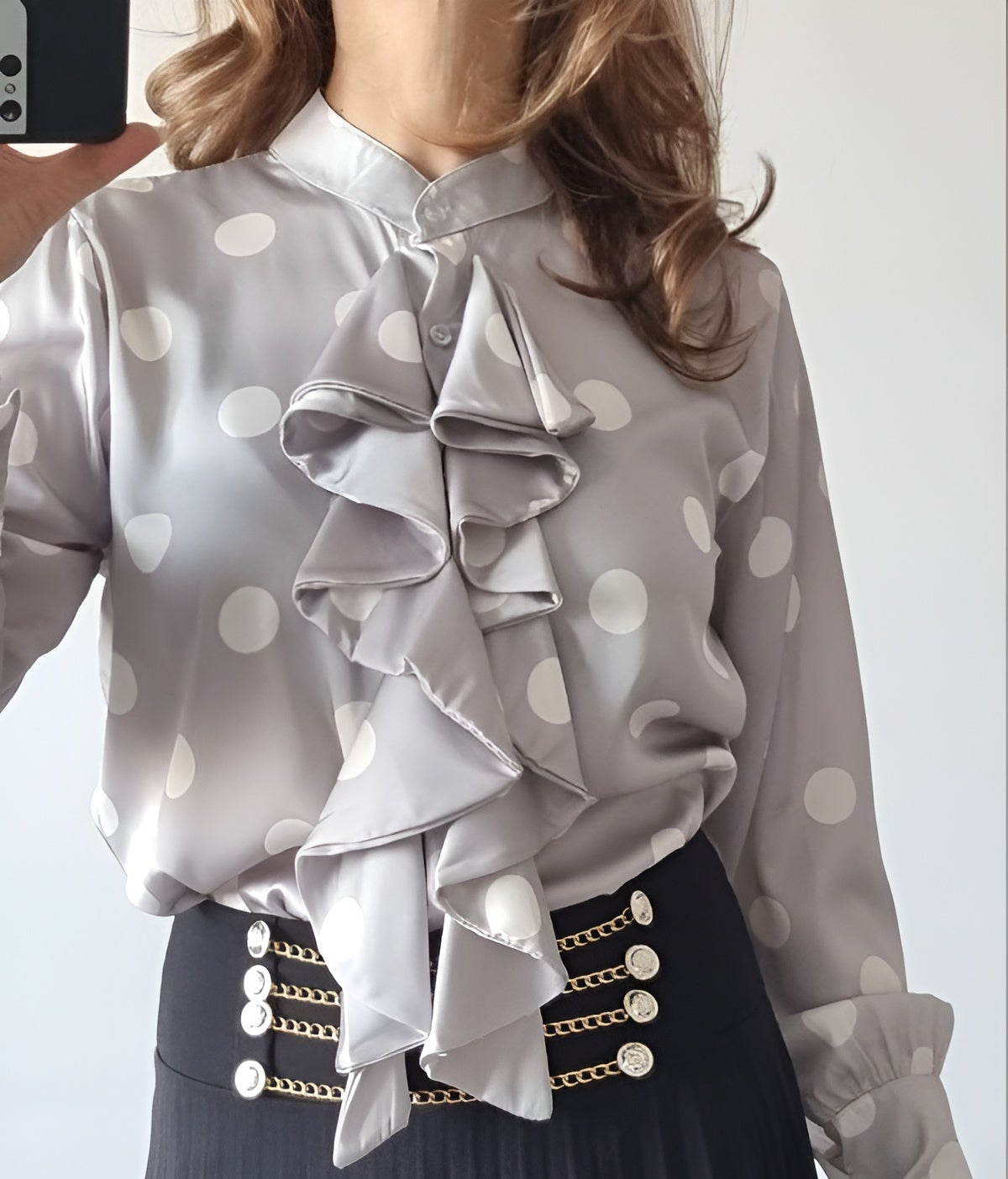 Camasa din satin cu volane si buline Boho gri