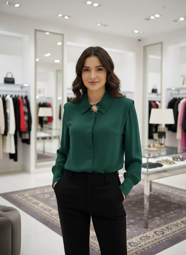 Camasa cu umeri si brosa detasabila Hellene verde