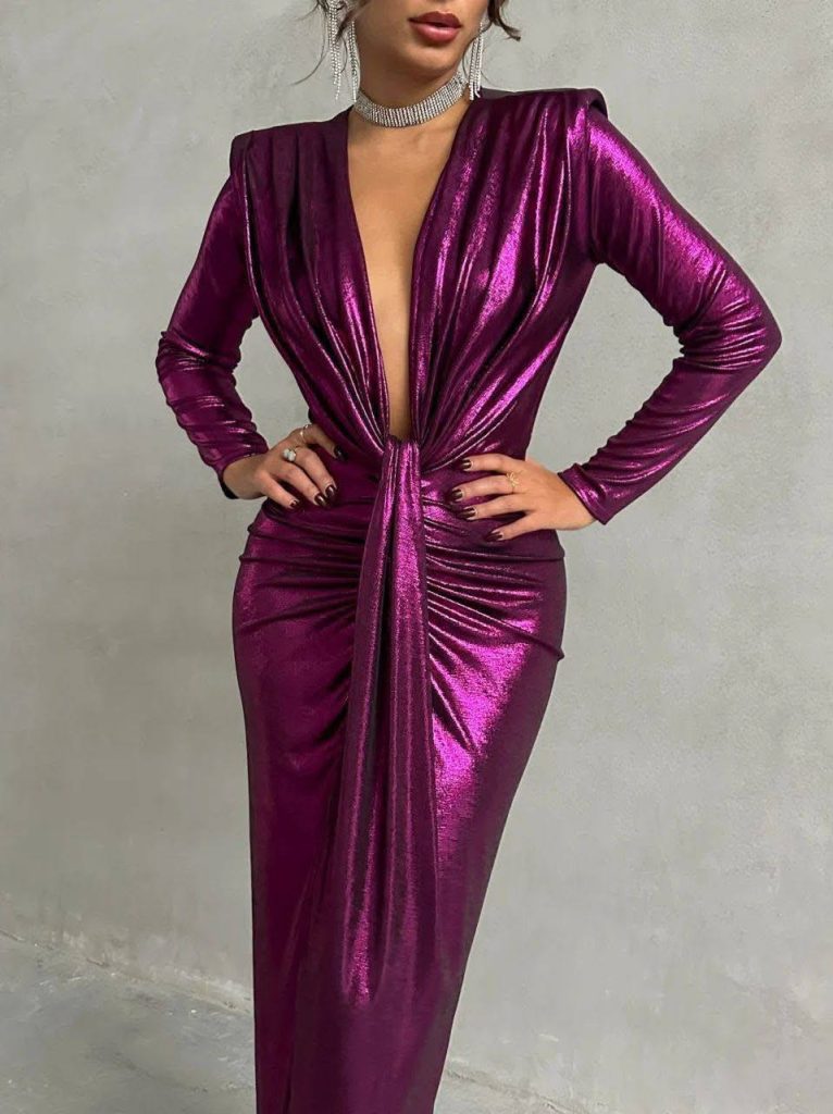 Rochie eleganta metalizata Mely roz fuchsia