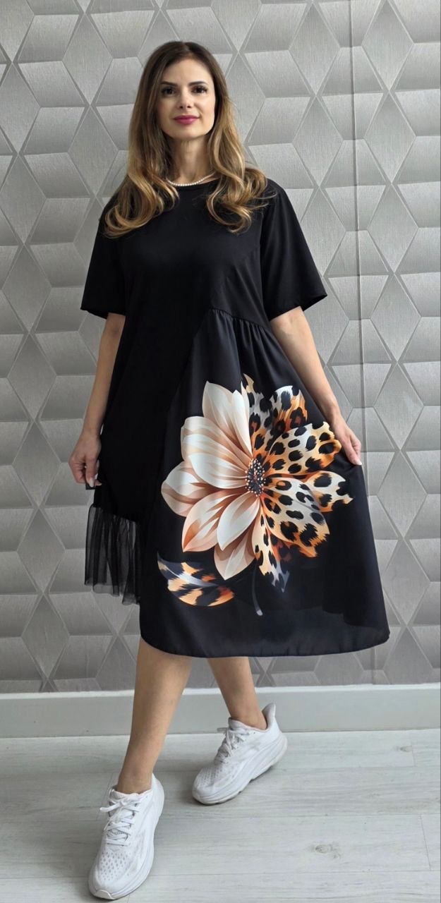 Rochie cu maneca scurta si imprimeu 3D Floralis