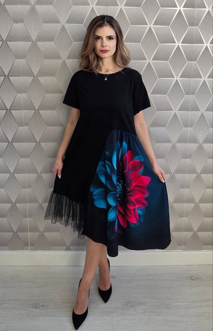 Rochie cu maneca scurta si imprimeu 3D Floralis