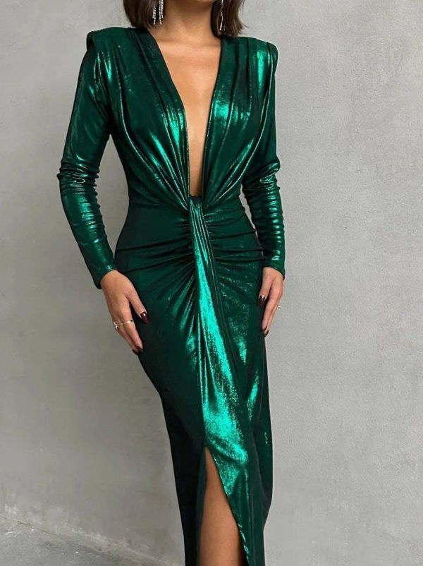 Rochie eleganta metalizata Mely verde