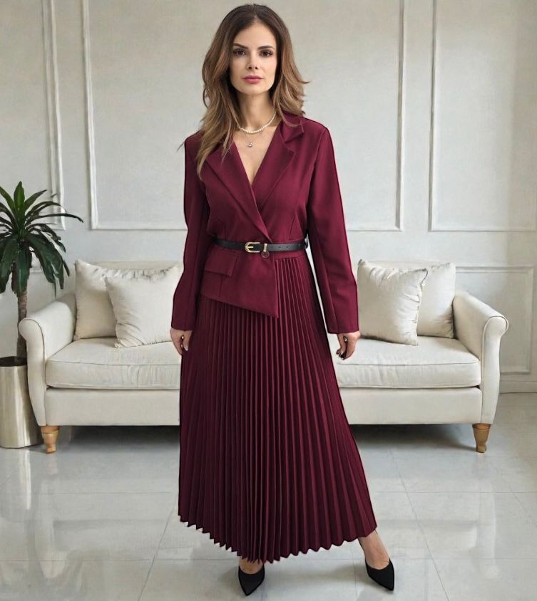 Rochie plisata cu sacou Sorelle bordo