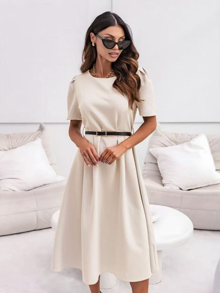 Rochie cu curea de piele ecologica Elise bej