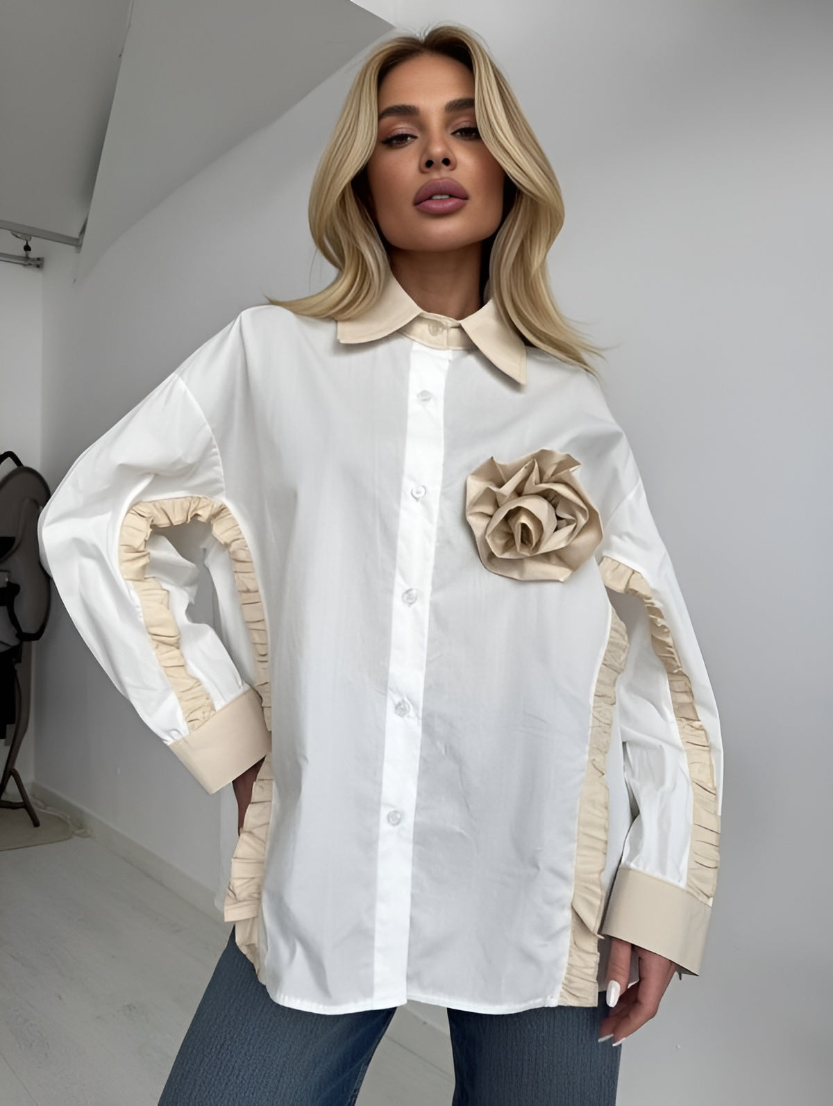 Camasa din bumbac cu trandafir detasabil Rose bej