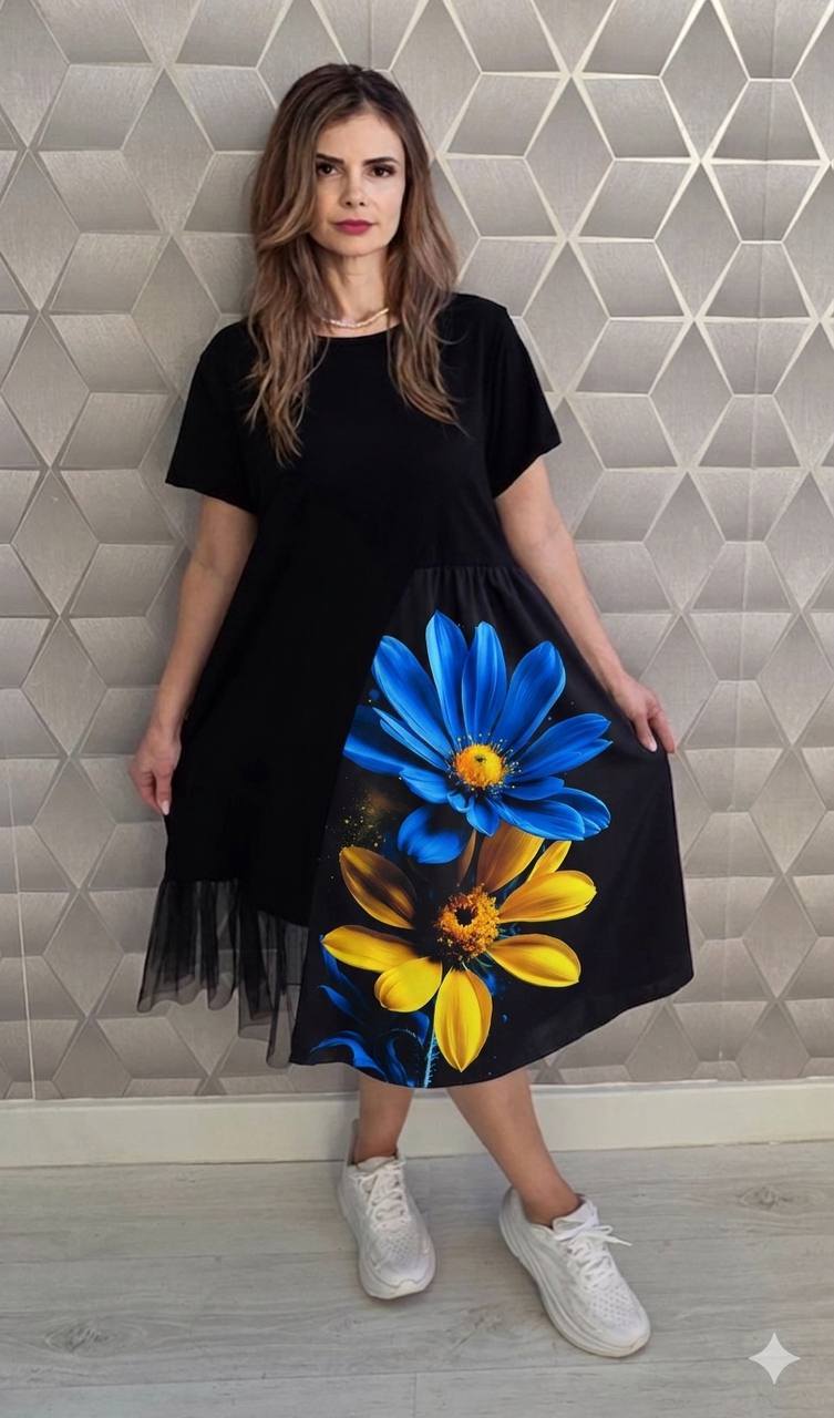 Rochie cu maneca scurta si imprimeu 3D Floralis