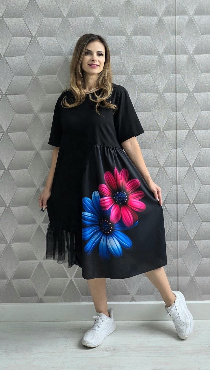Rochie cu maneca scurta si imprimeu 3D Floralis