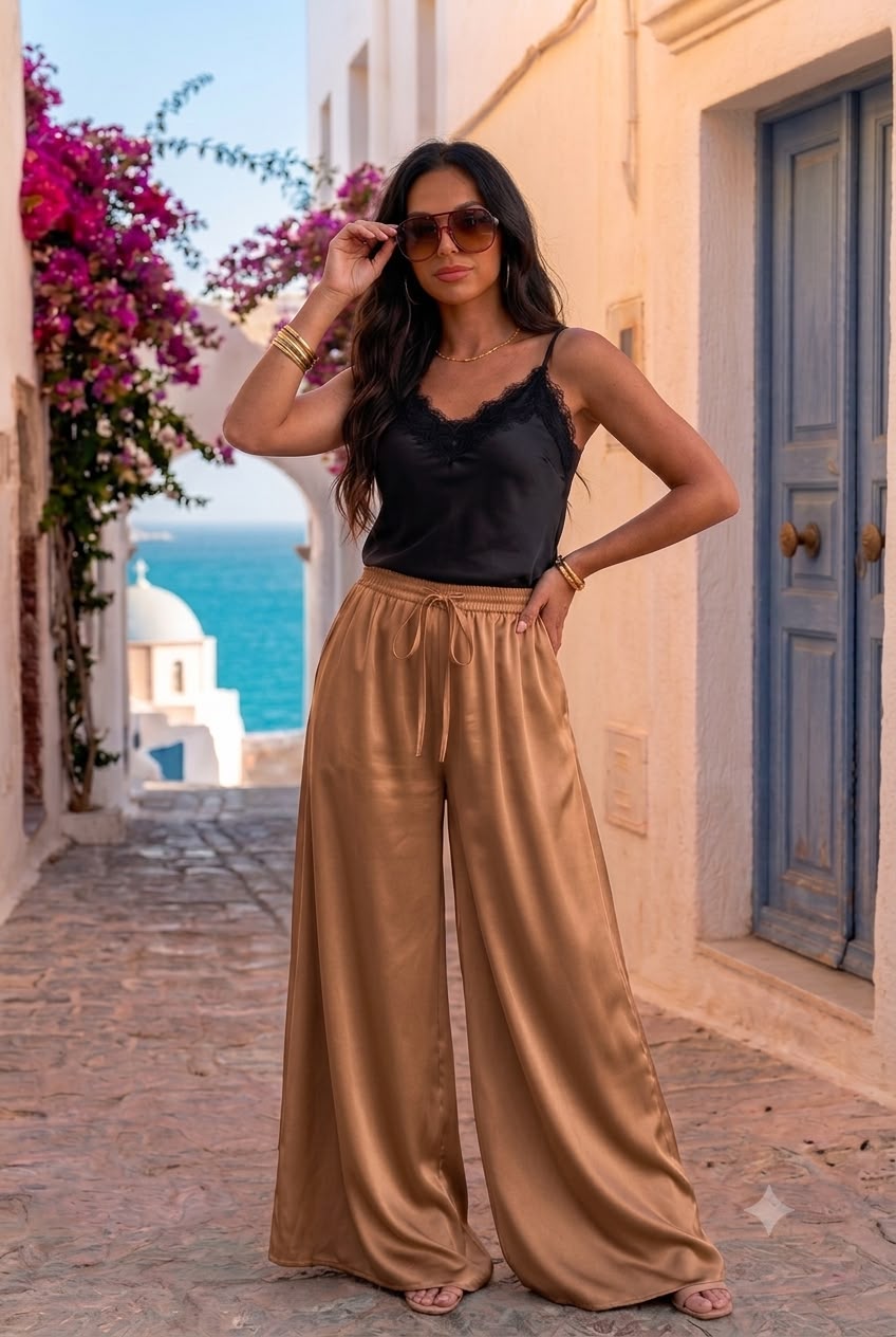 Pantaloni satinati Lore camel