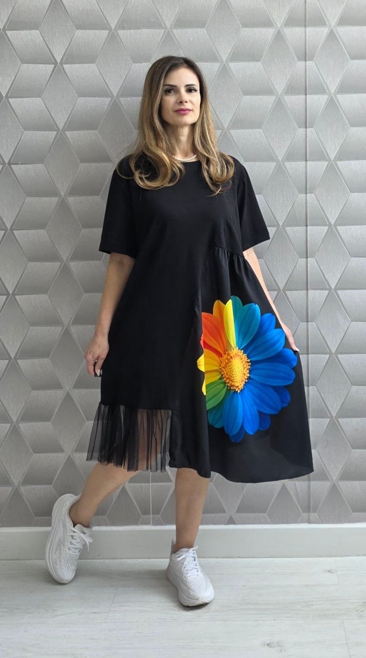 Rochie cu maneca scurta si imprimeu 3D Floralis