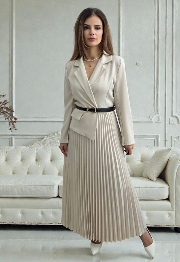 Rochie plisata cu sacou Sorelle bej