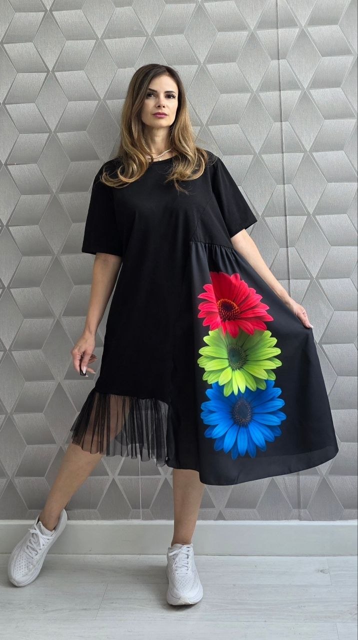 Rochie cu maneca scurta si imprimeu 3D Floralis