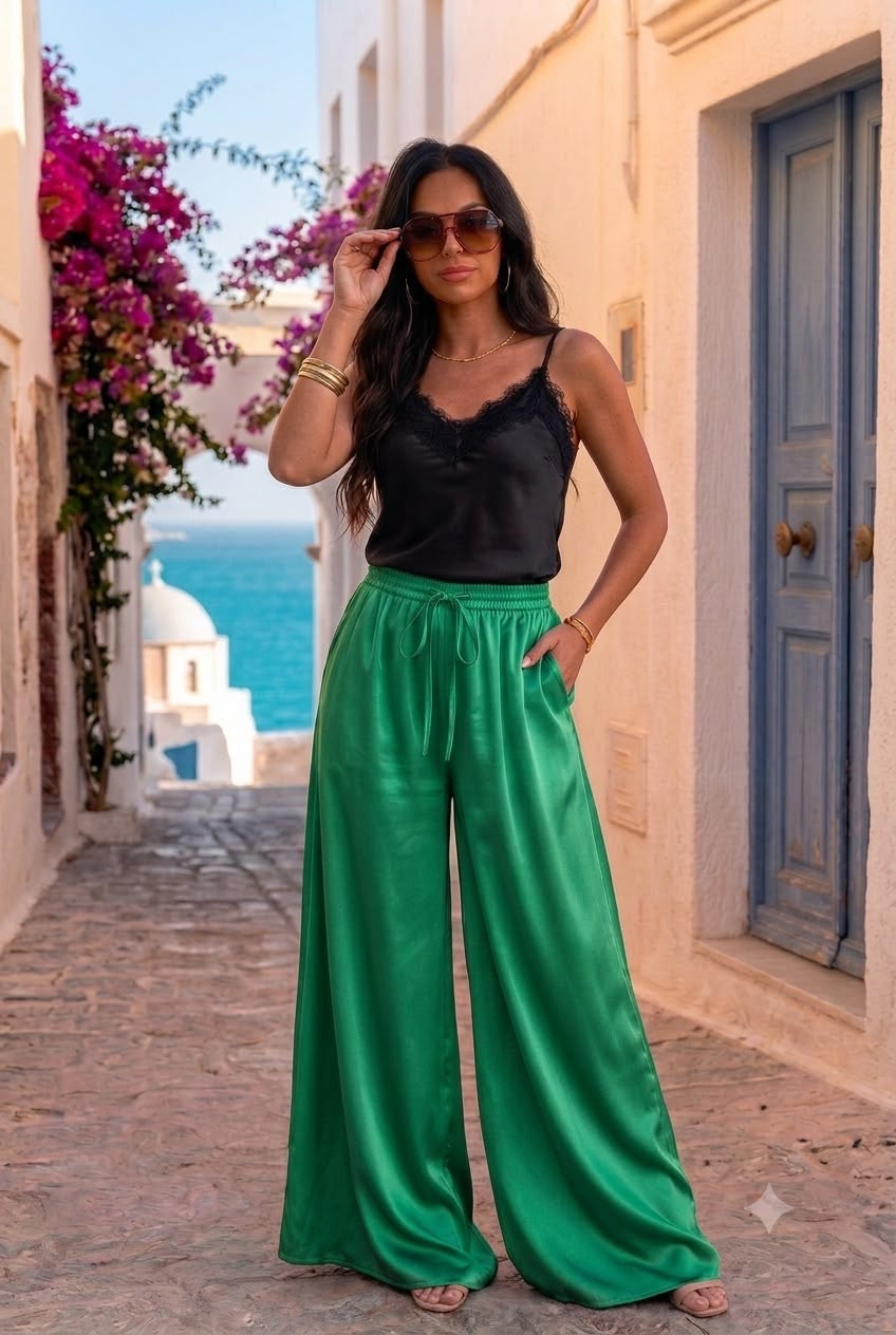 Pantaloni satinati Lore verde smarald