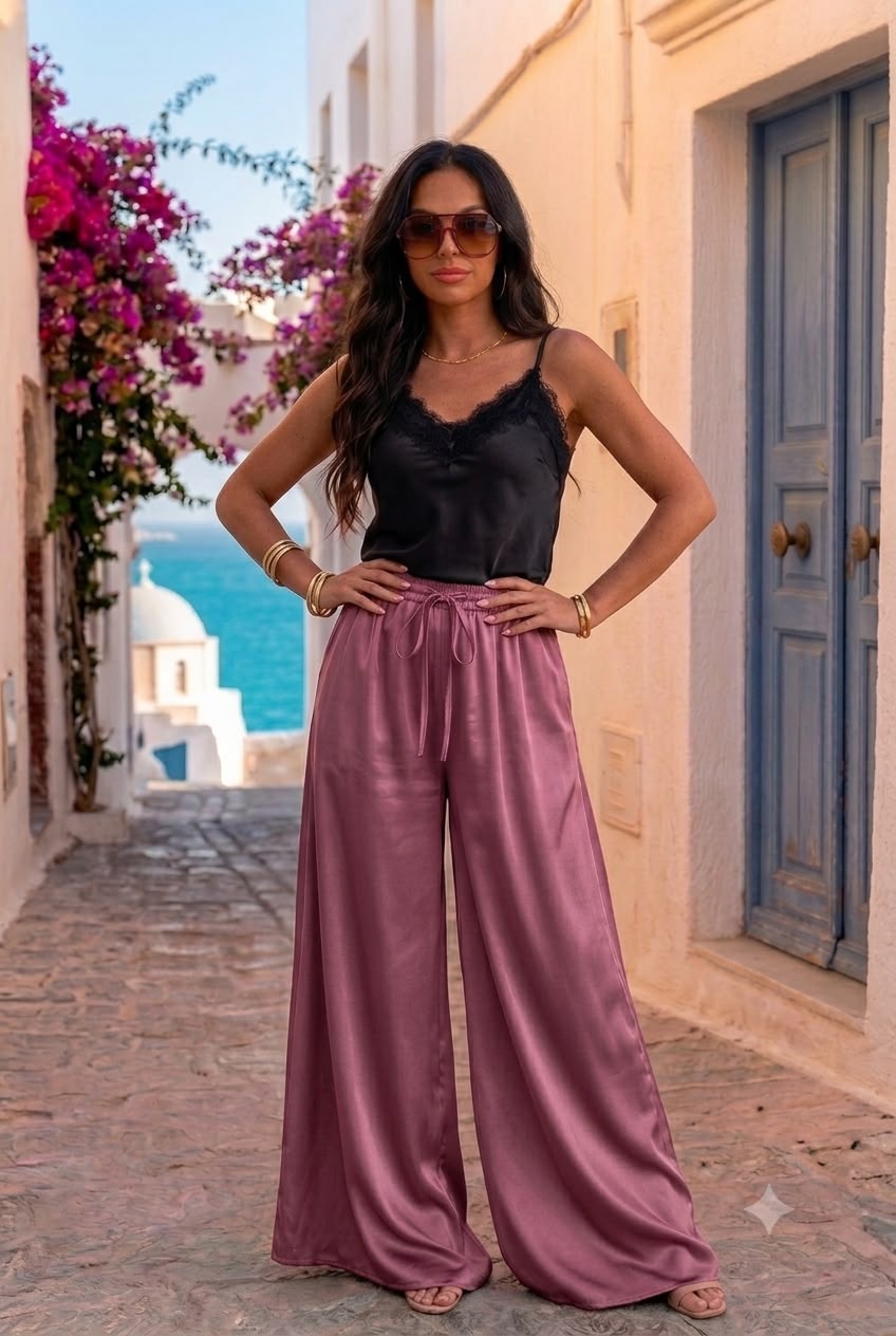Pantaloni satinati Lore roz inchis