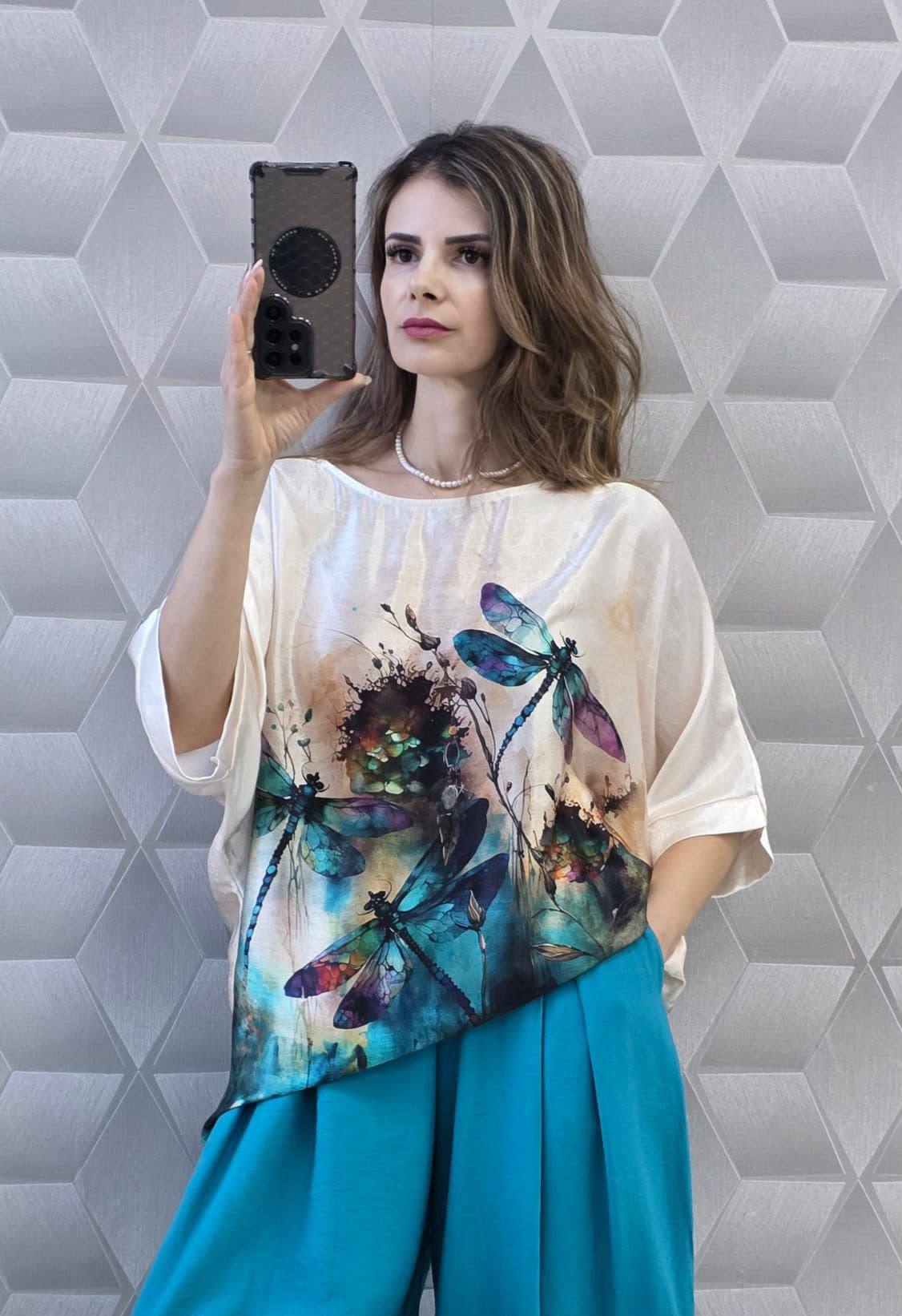 Bluza satinata cu maneca scurta pe croi larg Boema