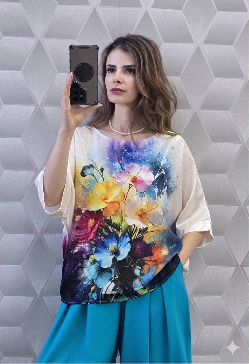 Bluza satinata cu maneca scurta pe croi larg Boema