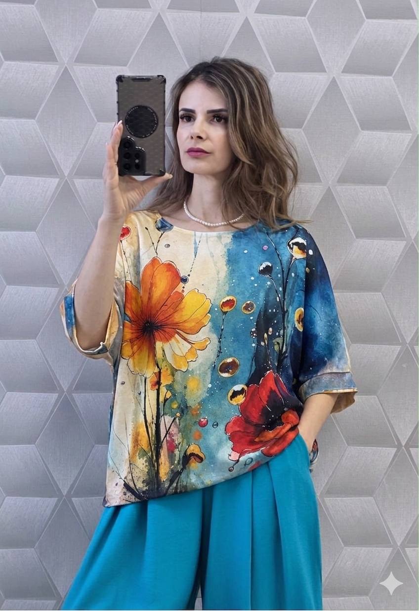 Bluza satinata cu maneca scurta pe croi larg Boema