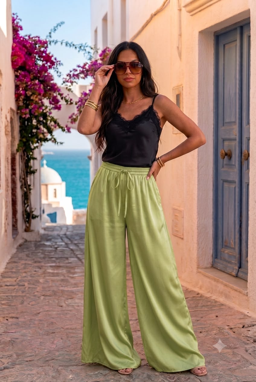 Pantaloni satinati Lore verde fistic