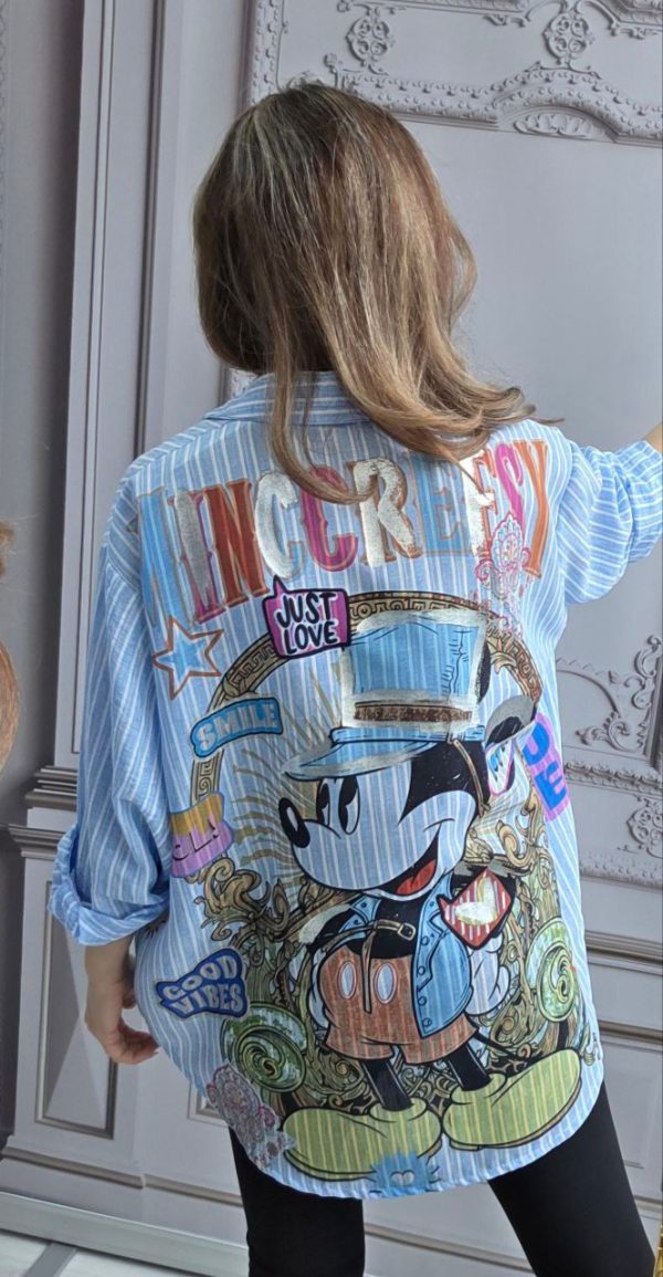 Camasa din in cu imprimeu metalizat Mickey albastru