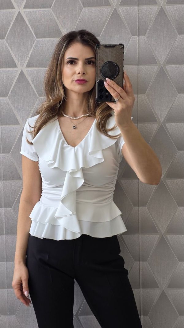 Tricou din lycra cu volane Amber alb