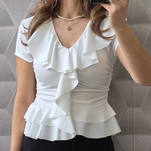 Tricou din lycra cu volane Amber alb