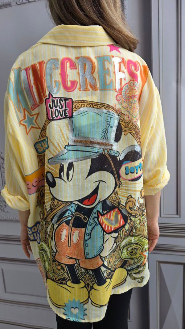 Camasa din in cu imprimeu metalizat Mickey galben