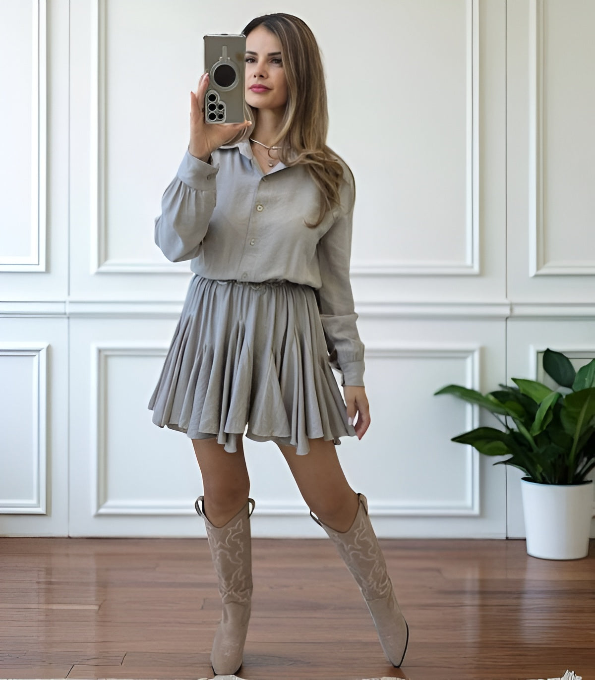 Rochie cu guler de camasa Cassy bej deschis