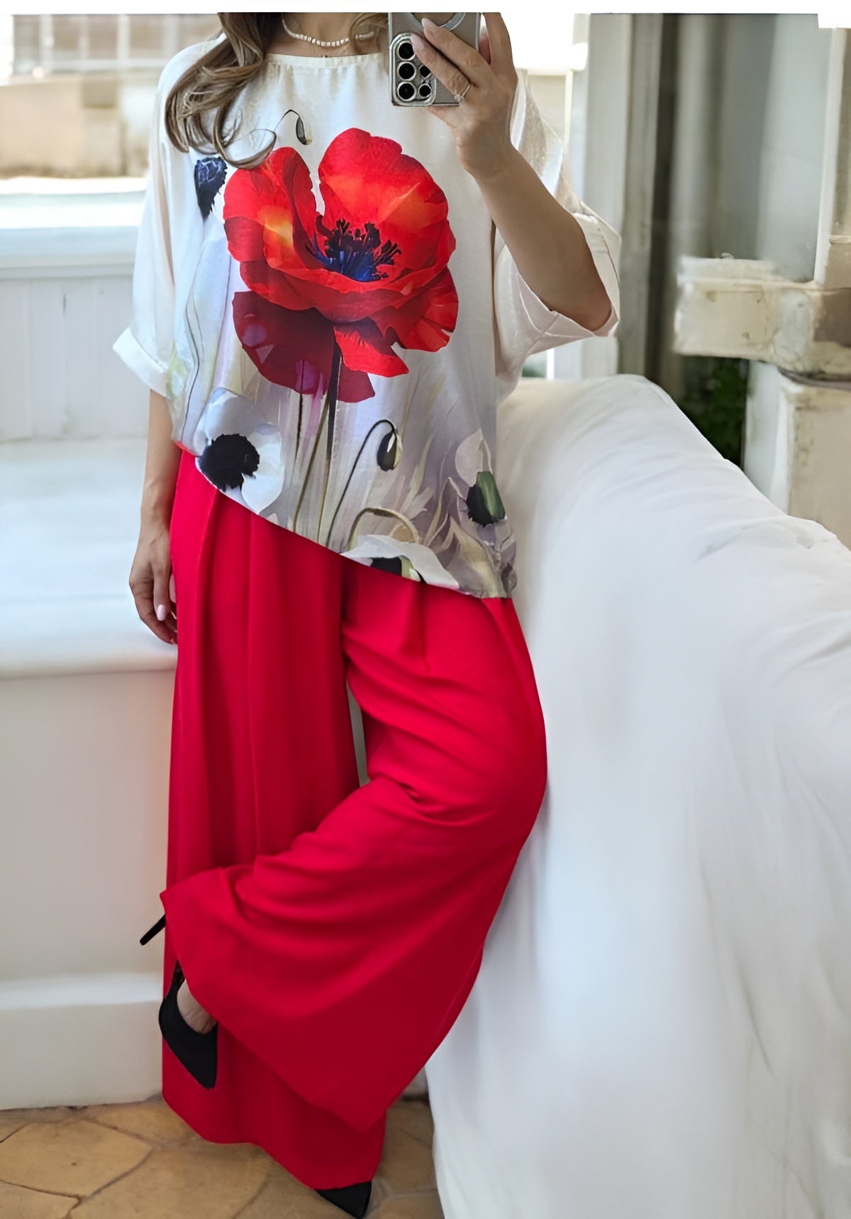 Pantaloni evazati din vascoza Josephine rosu