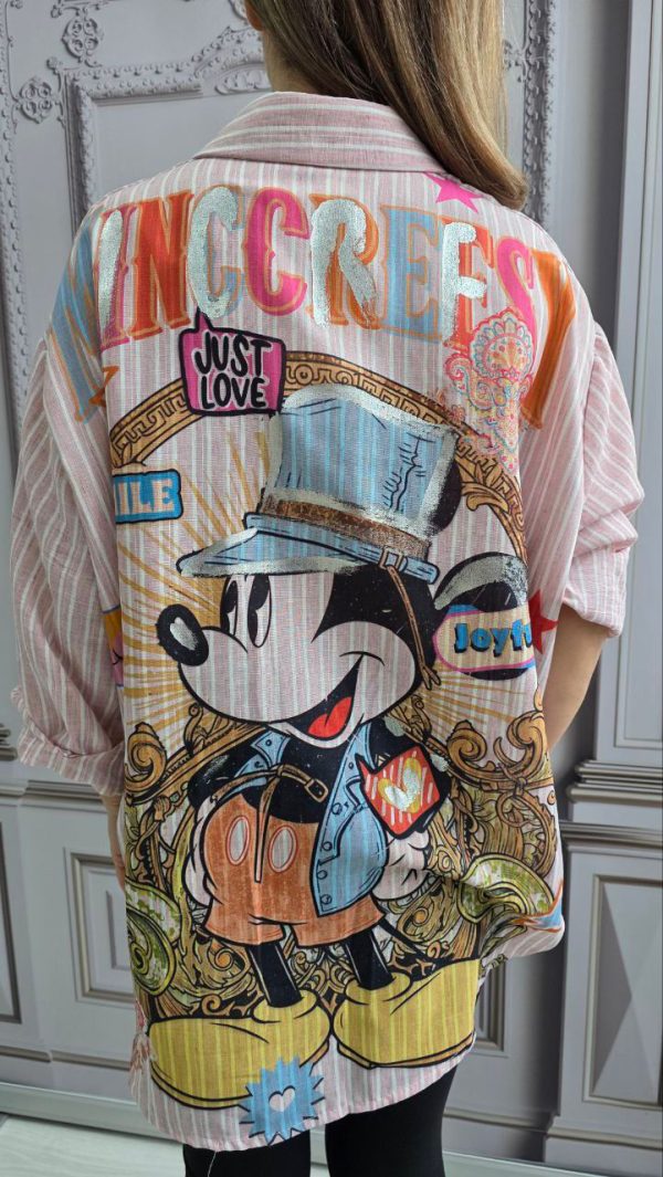 Camasa din in cu imprimeu metalizat Mickey roz