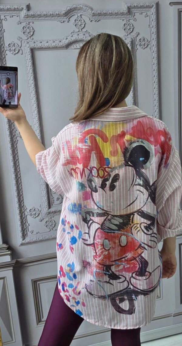 Camasa din in cu imprimeu metalizat Disney roz
