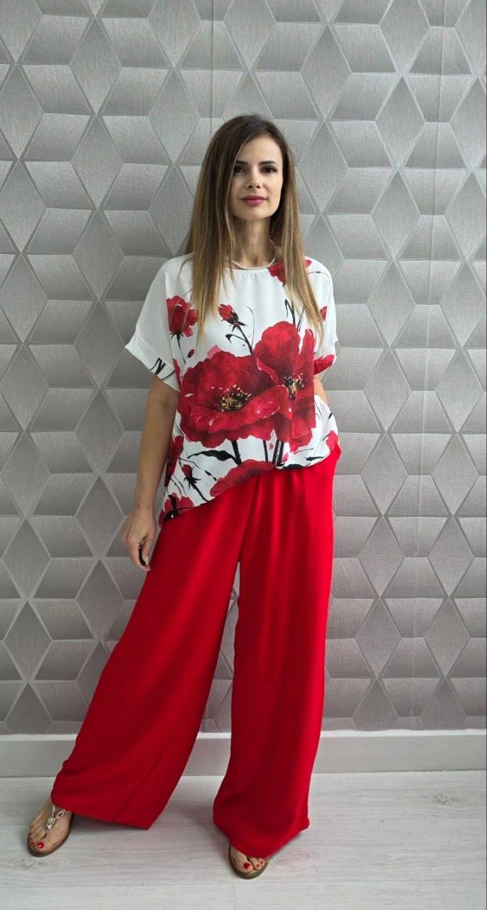 Compleu din poliester cu maci Flora rosu