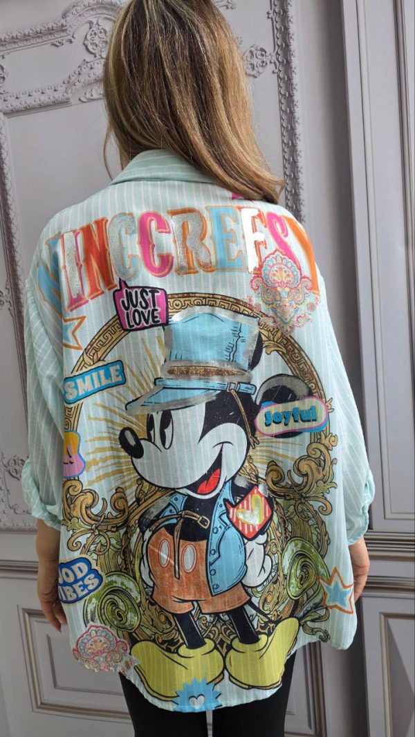 Camasa din in cu imprimeu metalizat Mickey turcoaz