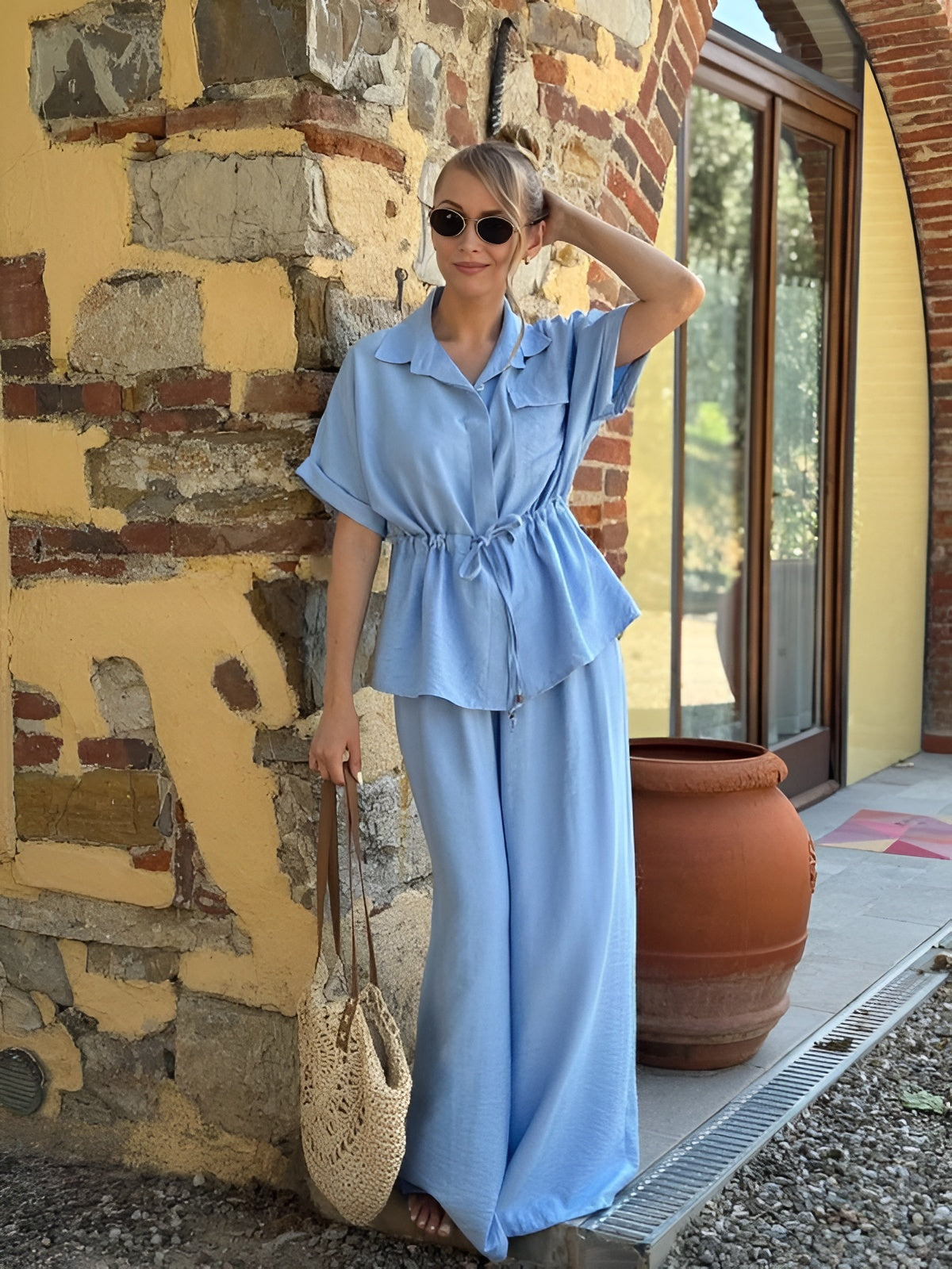 Compleu din vascoza cu snur in talie Polly albastru