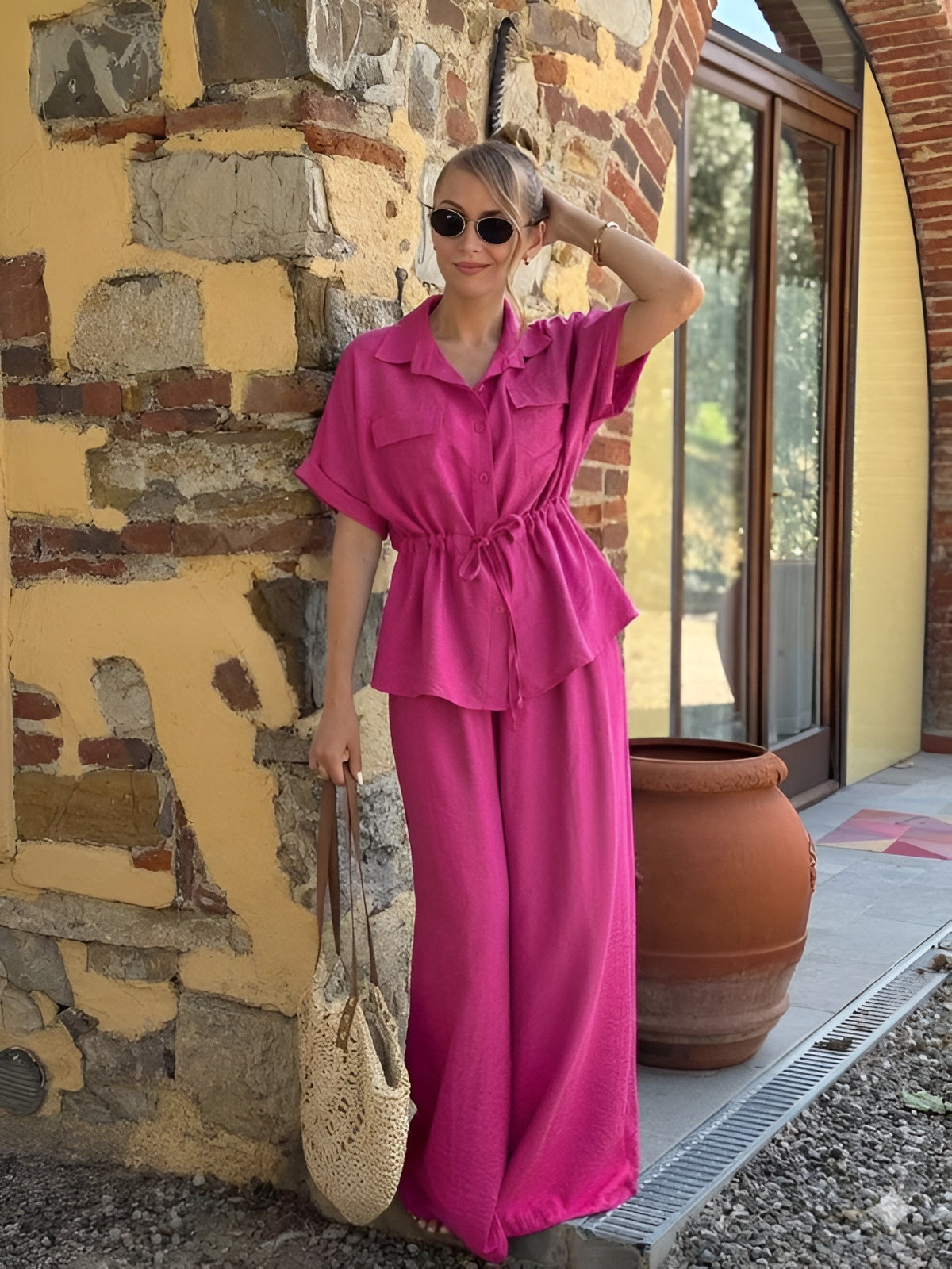 Compleu din vascoza cu snur in talie Polly roz