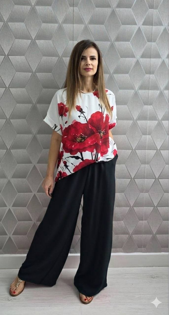 Compleu din poliester cu maci Flora negru